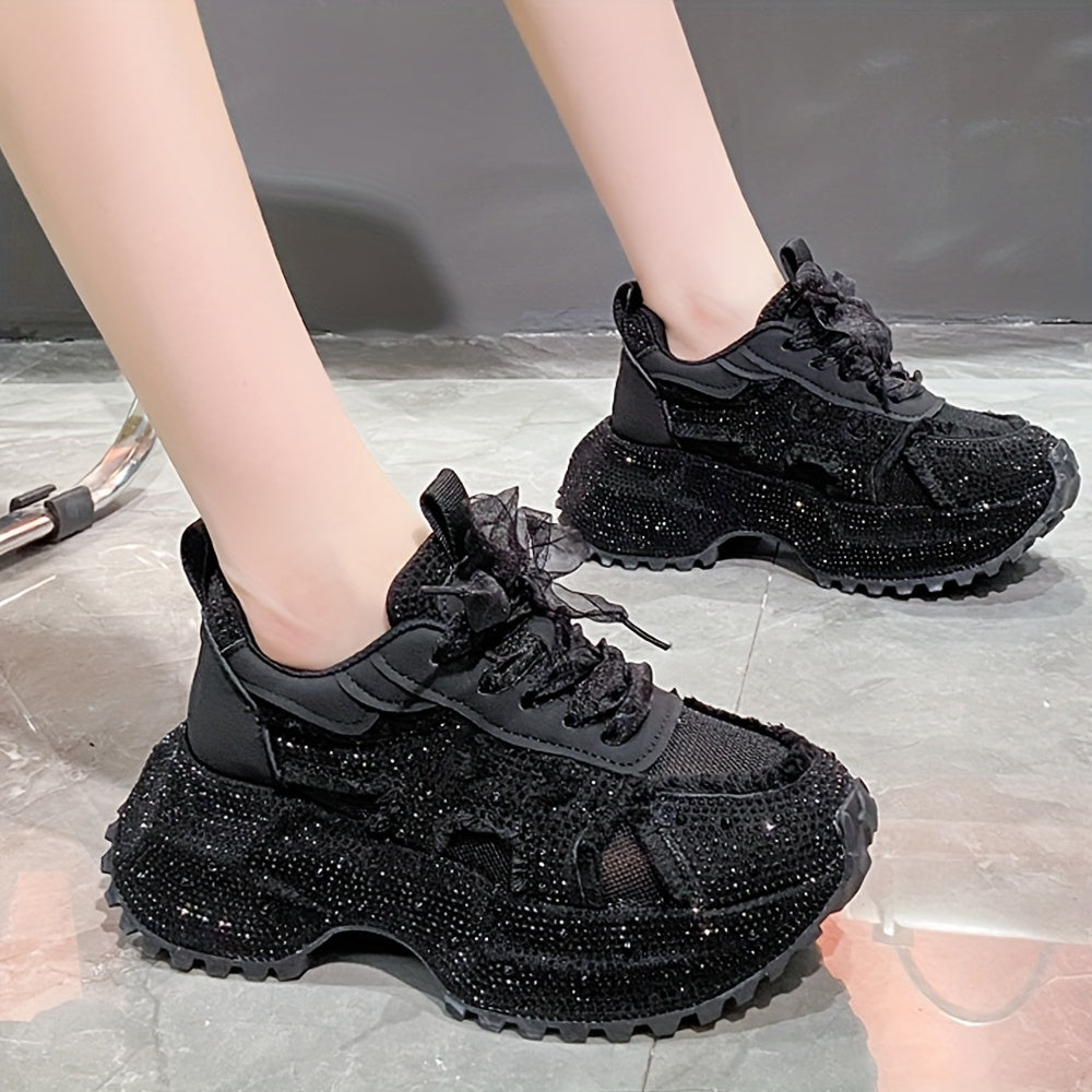 Rhinestone-Embellished Sneakers with Thick Platform Sole