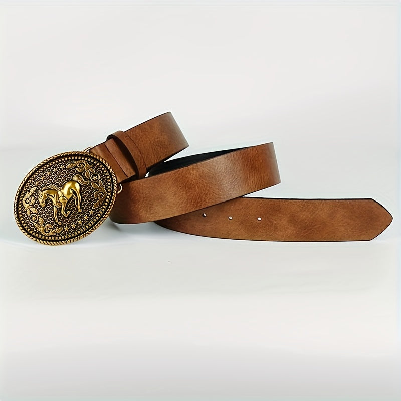 Brown Belt with Ornate Light Golden Horse & Reins Buckle