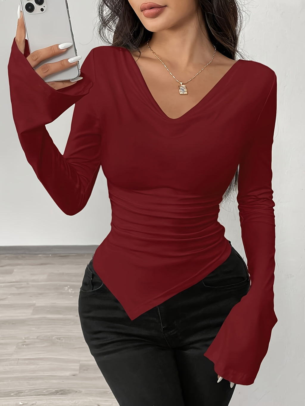 {3pcs} V-Neck Bell Sleeve T-Shirt Set