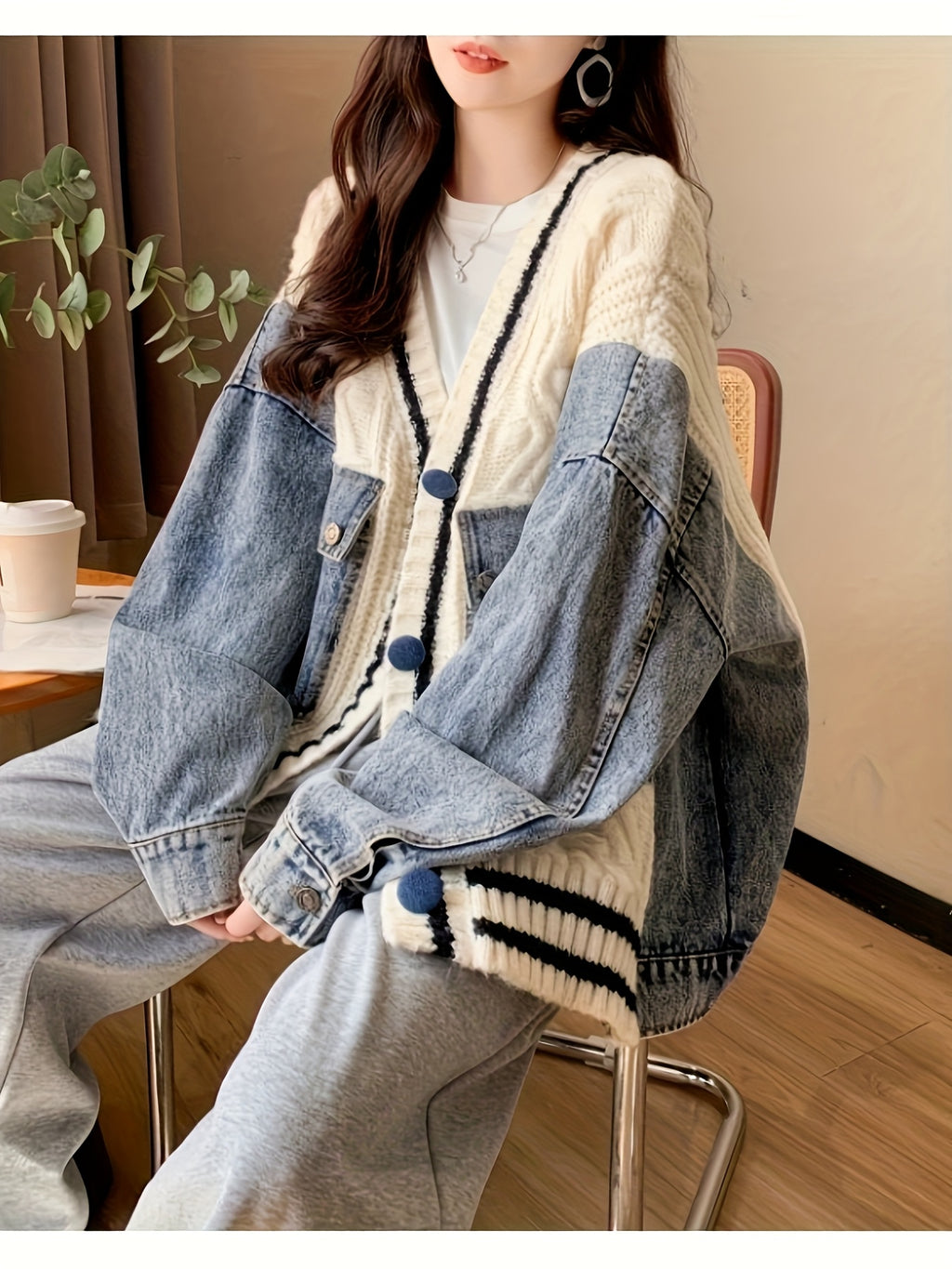 Oversized Light Gray & Blue Contrast Batwing Cardigan