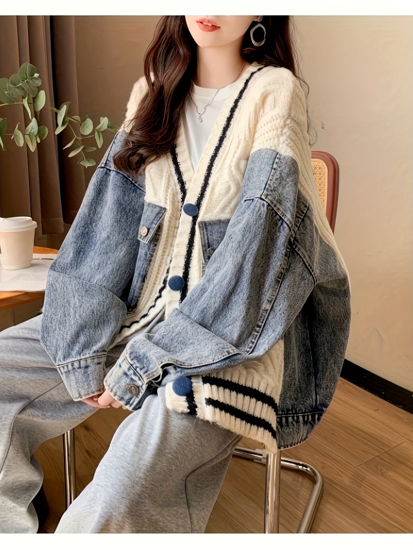 Oversized Light Gray & Blue Contrast Batwing Cardigan