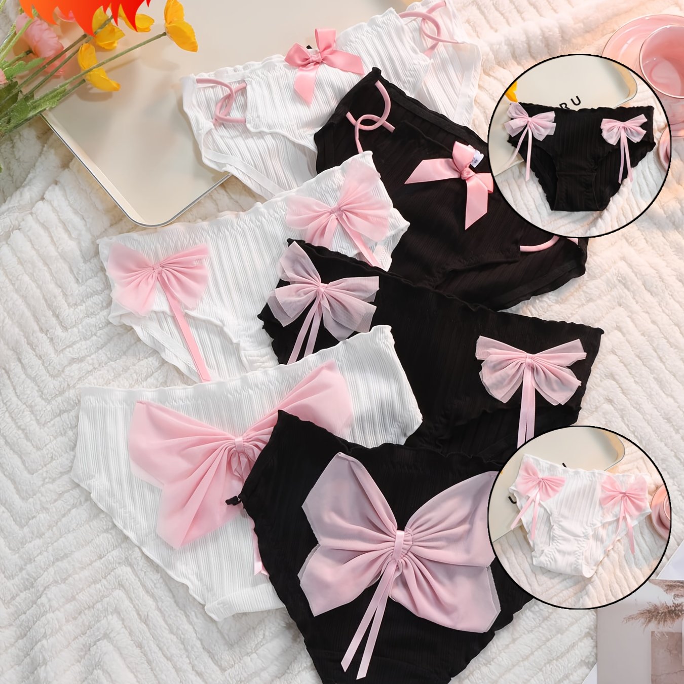4 Black Pink Comfortable Underwear with Mid Waist Thread Bow