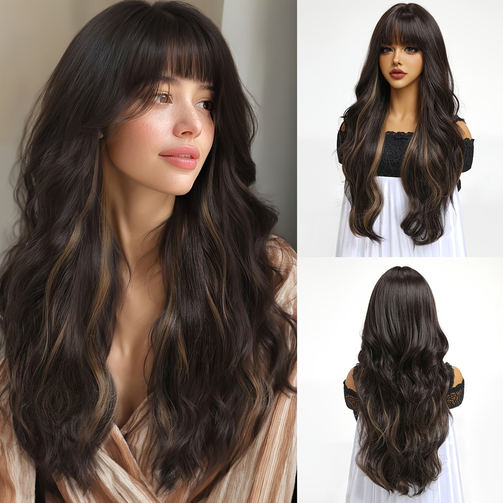 30 Inch Ladies Elegant Gradient Brown Long Curly Wig With Bangs