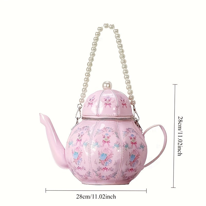 Pink Floral Tea Society Handbag for Women - Chic Designer Handbag with Pearl Strap, Adjustable & Stylish, Polyester Lined, Zip Closure, Perfect for Everyday Use Or Special Occasion