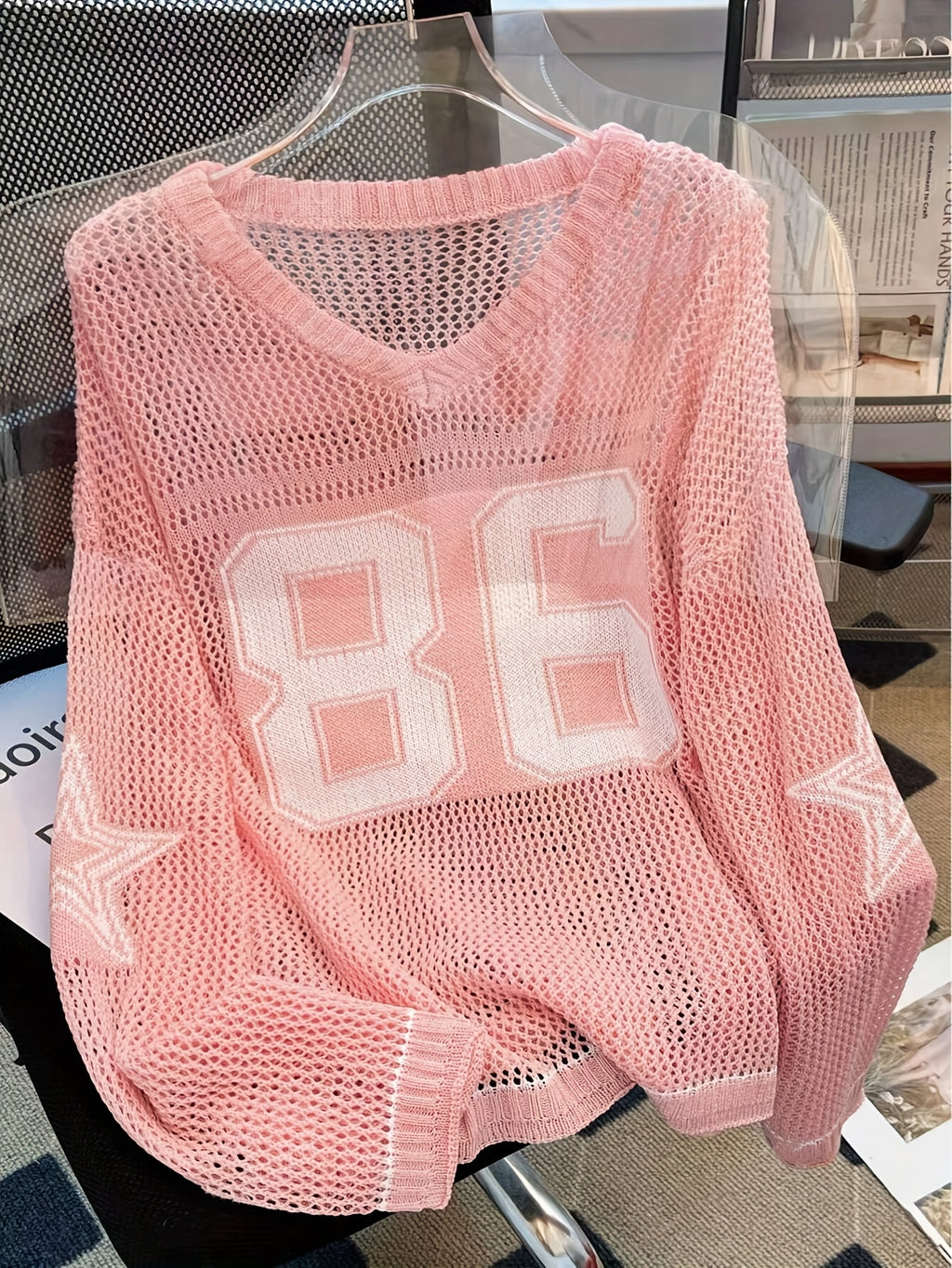 Women's Y2K Top - V-Neck Long Sleeve Mesh Blouse with 86 & Star Cut-Out Design, Breathable Black/White Contrast for Spring/Summer Casual Outfits, Cute Blouse, Versatile Clothing, Contrast Color Design