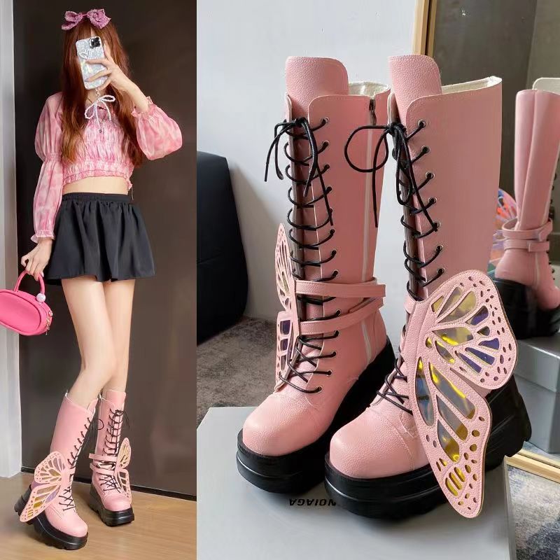 Punk Gothic Chunky Platform Boots with Butterfly Lace-Up Ankle & Calf Straps