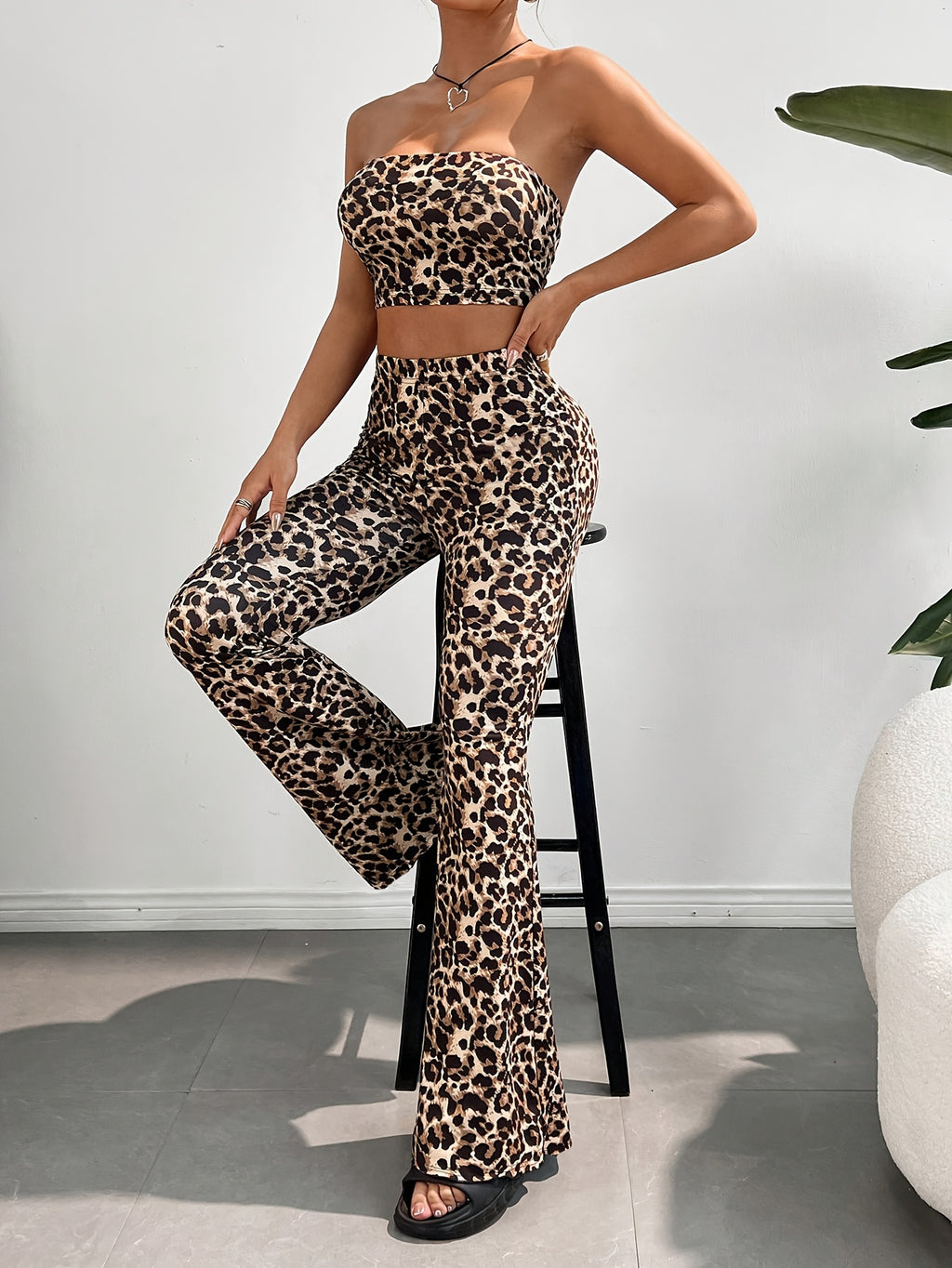 Leopard Print Bodycon Mini Dress with Bell Sleeves and Flared Pants