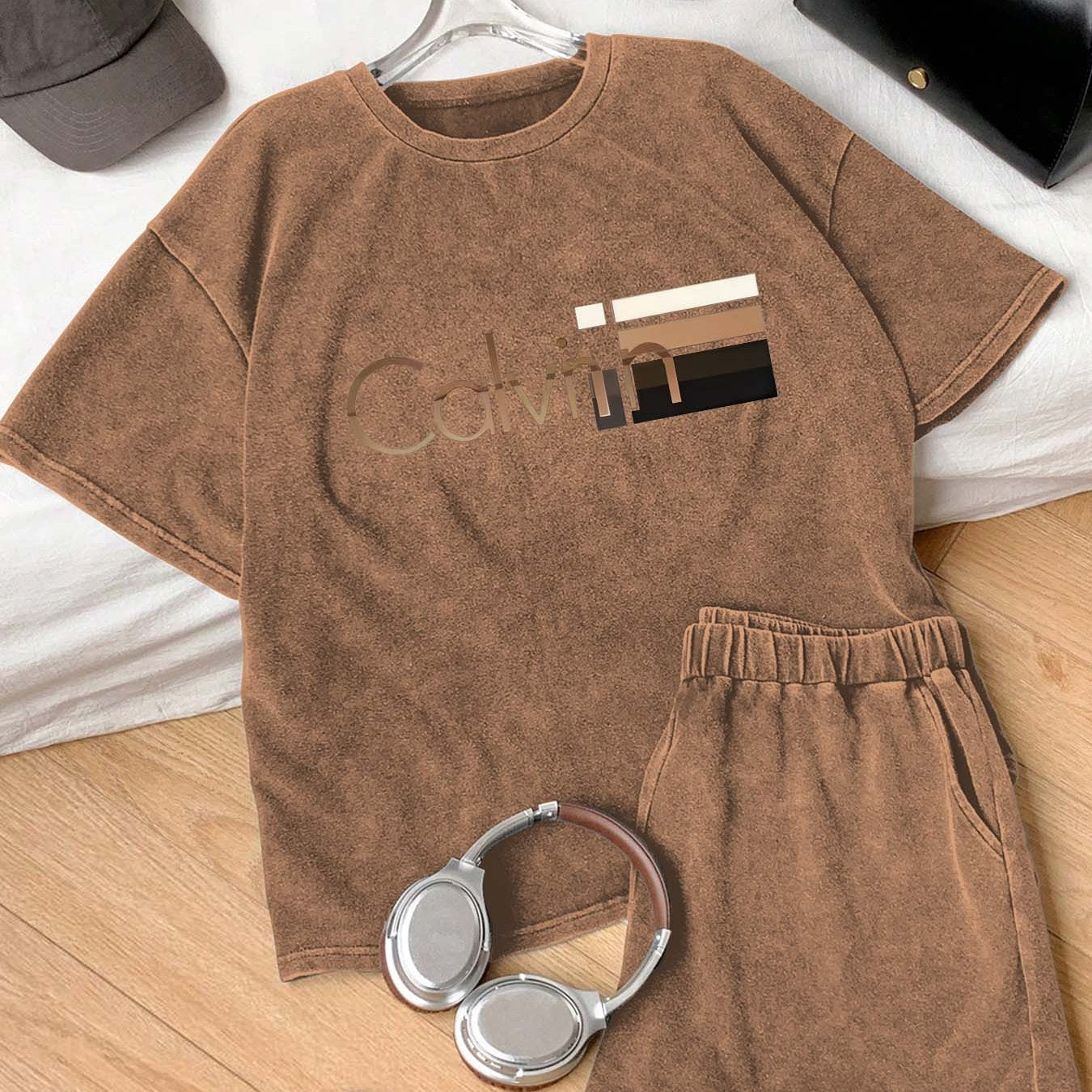 Men's & Women's 230g Heavyweight 100% T-Shirt - Vintage Washed Oversized Short Sleeve Round Neck Pink Tee with Logo-Like Horizontal Stripe Print (Beige//Maroon) - Soft Breathable Casual Summer Top, Locally Shipped, Women Two