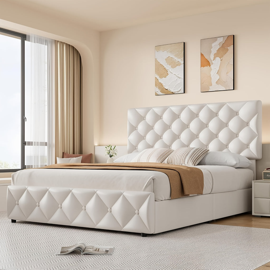 Bed Frame with 4 Storage Drawers And Headboard with Wood Slat Supports, Button Tufted Design, No Box Spring Required