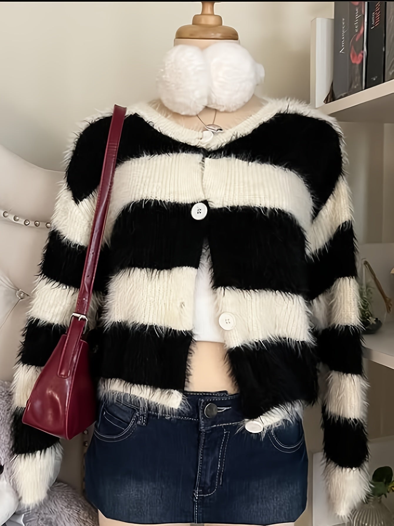 Retro Striped Plush Cardigan