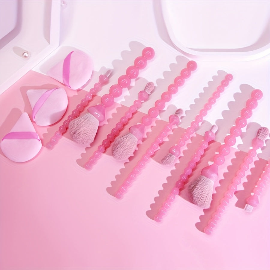 10pcs Pink Pearl Shaped Makeup Brush+3 Powder Puff Full Set Makeup Brushes