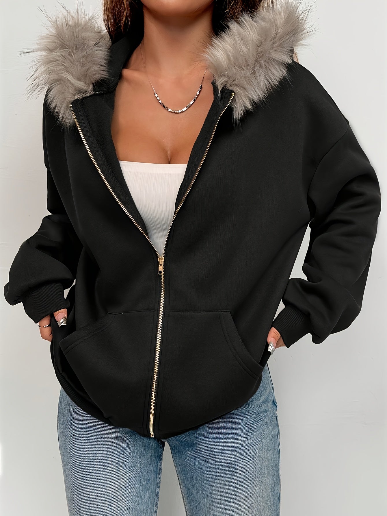 Women'S Hooded Jacket - Elegant Loose Fit Zip-Up Coat with Front Zipper Closure, Long Sleeve Outerwear for Fall/Winter, Chic Casual Outerwear for Everyday & Formal Events - Easy-Care Women'S Clothing, Ladies Winter Coats, Sea