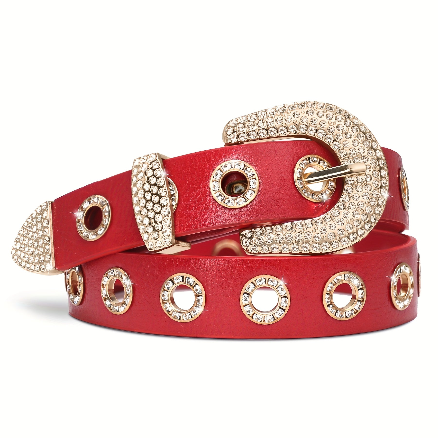 Faux Leather Belt with Studded Rhinestone Grommets