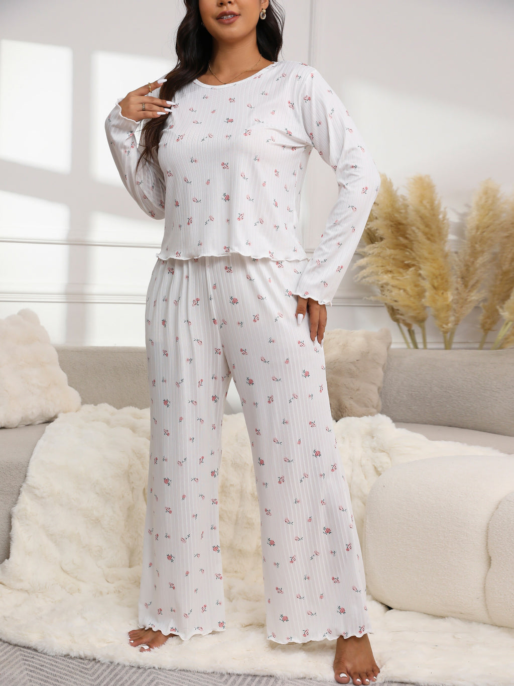 Floral Print Textured Fabric Long Sleeve Pantsuit for Autumn and Winter