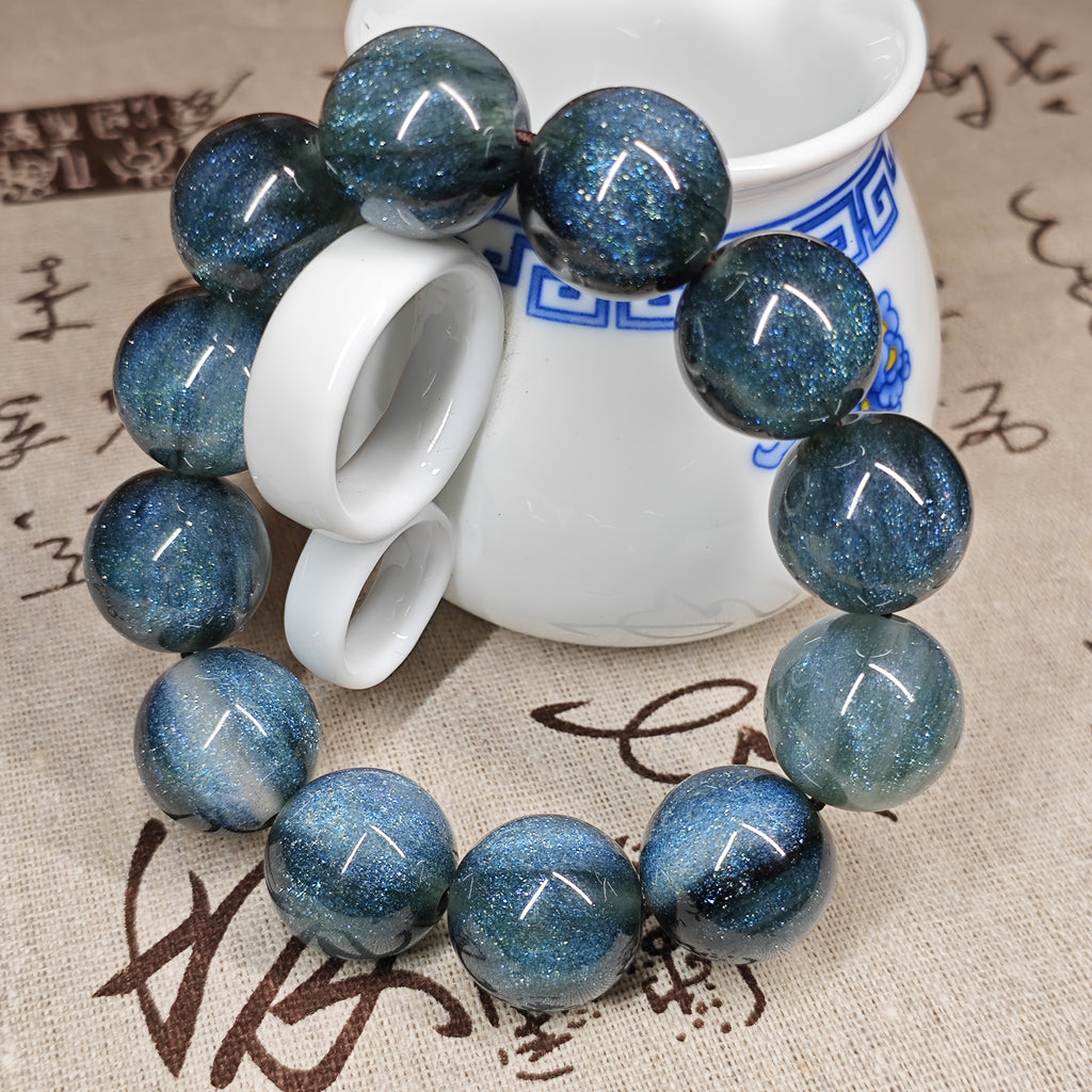 20mm Gradient Blue Sea Willow Iron Tree Fossil Secreted Large Bead Stretch Bracelet
