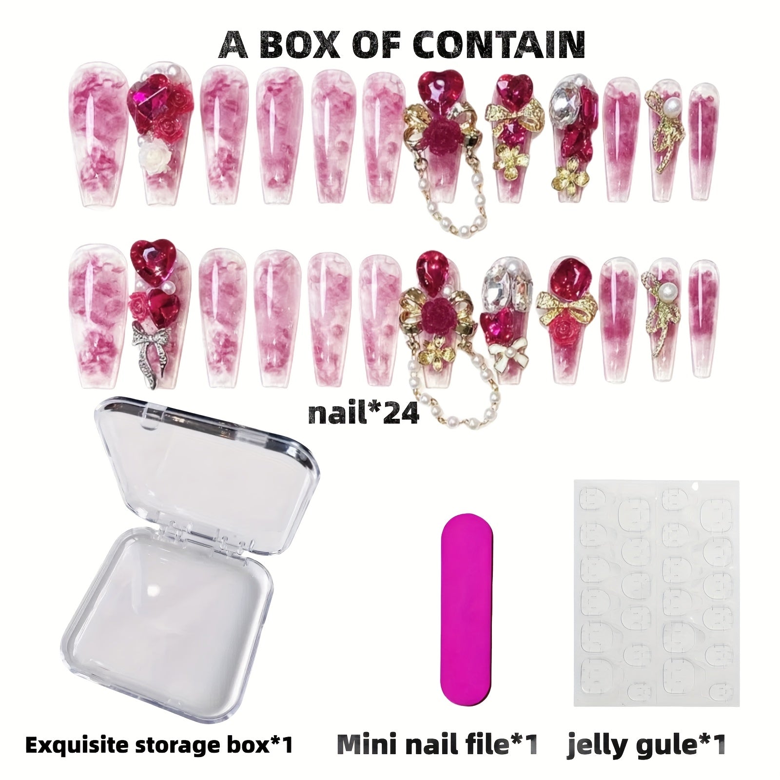 {24pcs} Three-Dimensional Love Bow Imitation Wearable Long Ballet Style Manicure (Including Mini Nail File And Jelly Glue)