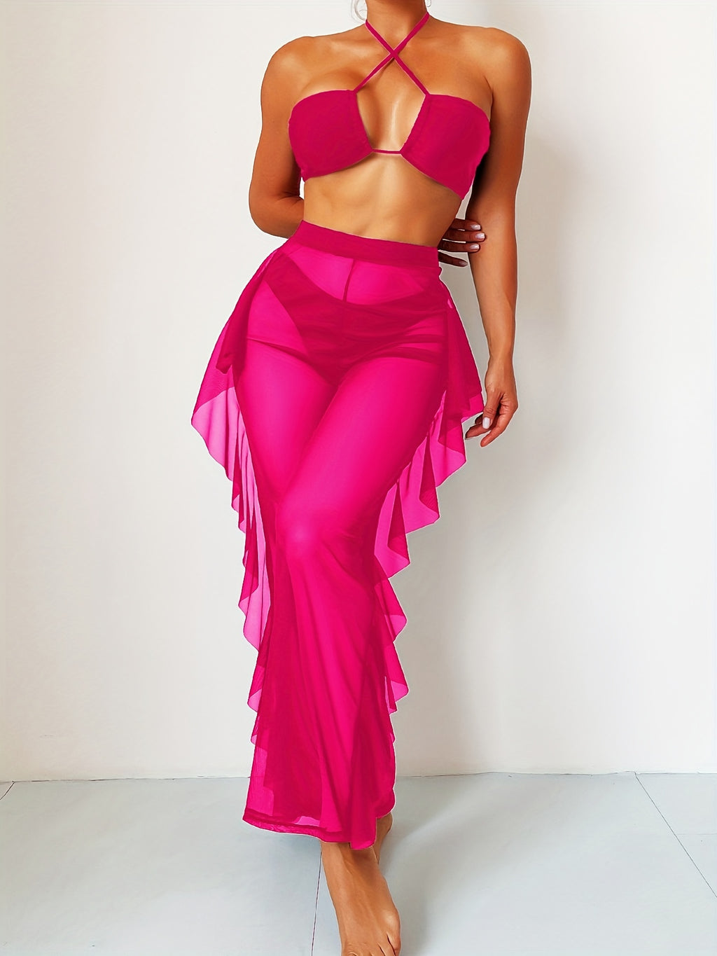 Semi-Sheer Ruched Crisscross Strap Mesh Panty Bikini Set