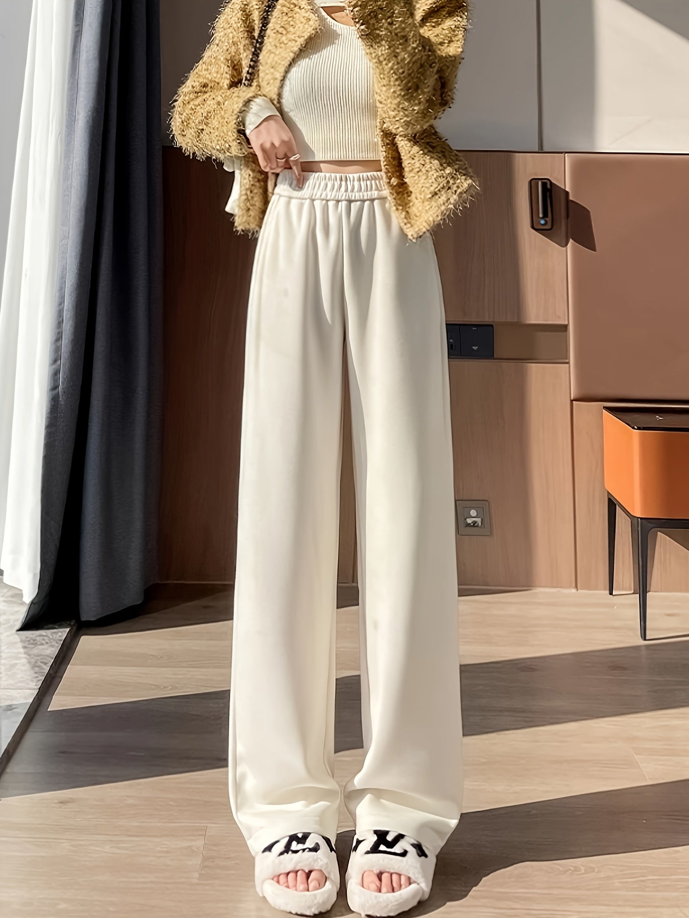 Women'S High-Waisted Wide-Leg Pants - Thick, Comfortable, and Stylish for All Seasons, Casual Straight-Leg Trousers with Elastic Waistband, Solid Color, All-Season Wear, Comfortable Fashion | Straight Leg Pants | Polyester Fa
