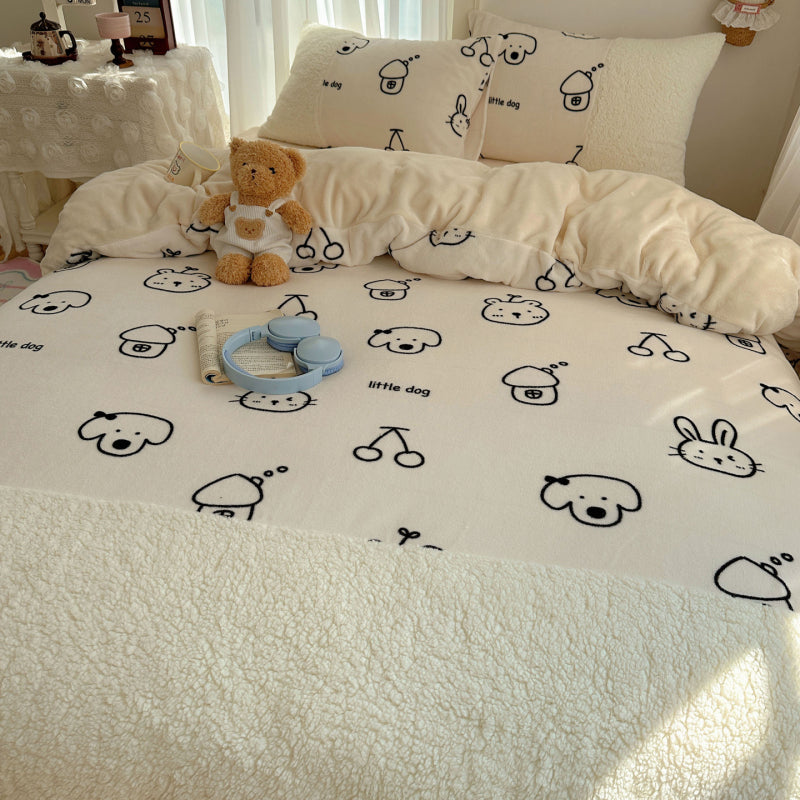 {3/4pcs} Cartoon Lambskin + Milk Velvet Set