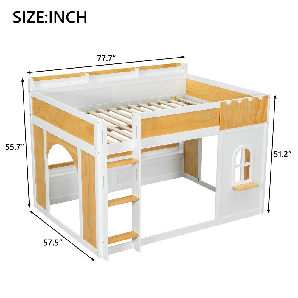 Full over Full Bunk Bed with Storage Shelves, Window & Two Doors - Twin/Full Bed Frame, Space-Saving Heavy-Duty, 550 Weight Capacity, Easy Assembly (White & Natural) for ' Bedrooms, Dorms, Guest rooms