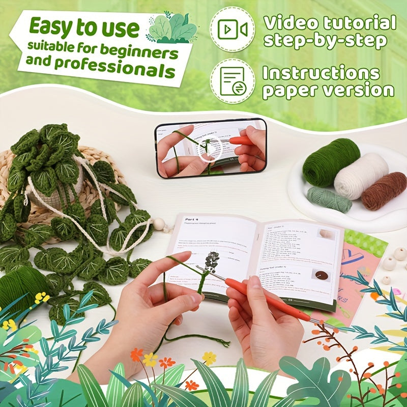Complete Crochet Starter Kit for Beginners: Green Grass Plants & Hanging Potted Plants
