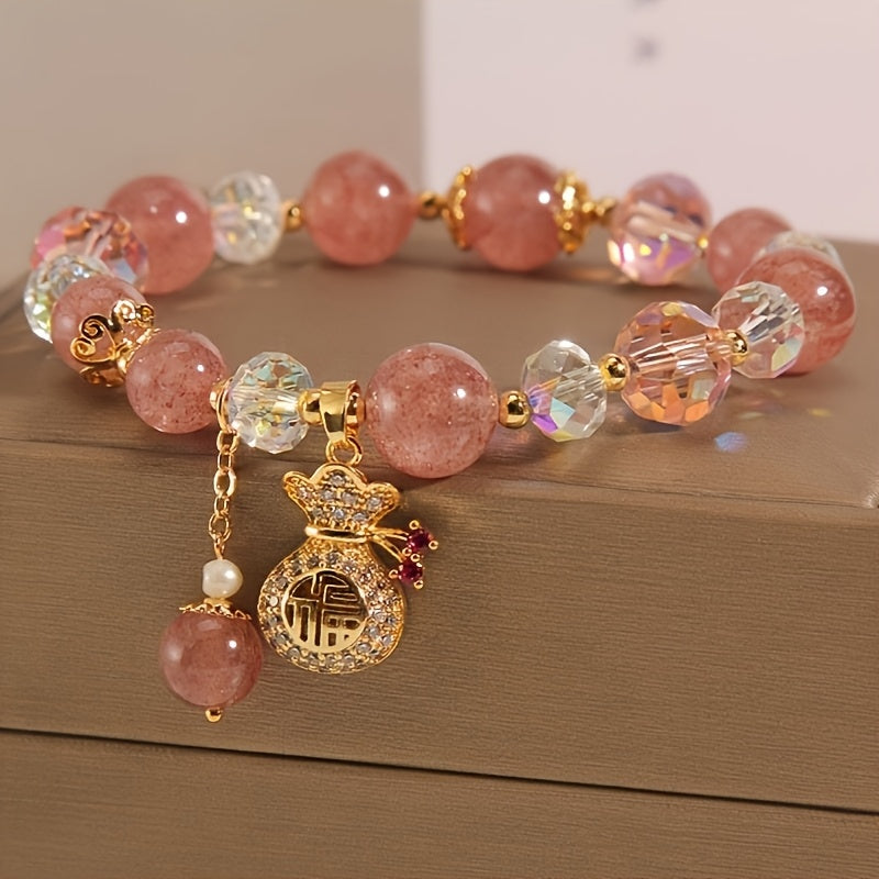 Pink Beaded Bracelet with Cute Golden Beads