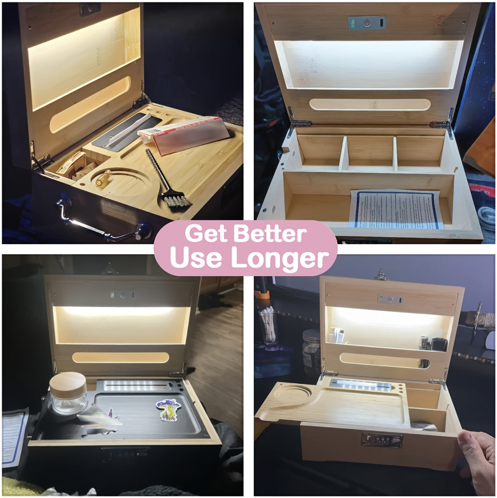 Premium Large Secure Stash Box with LED Light, Lockable Wooden Storage Organizer with Tray & Accessories