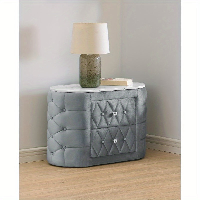 Modern Gray Nightstand with Marble Top & 2 Storage Drawers