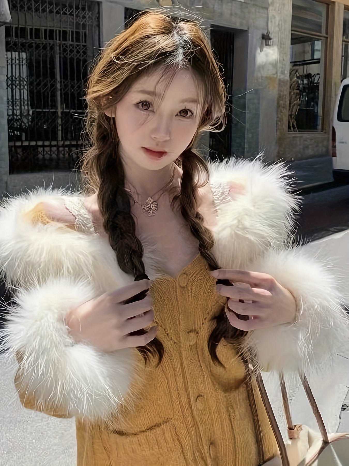 Yellow Hooded Cardigan with Faux Fur Trim