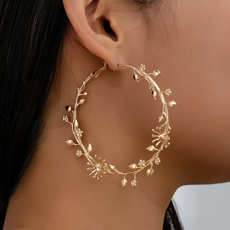 Boho-Chic Golden-Tone Floral Hoop Earrings
