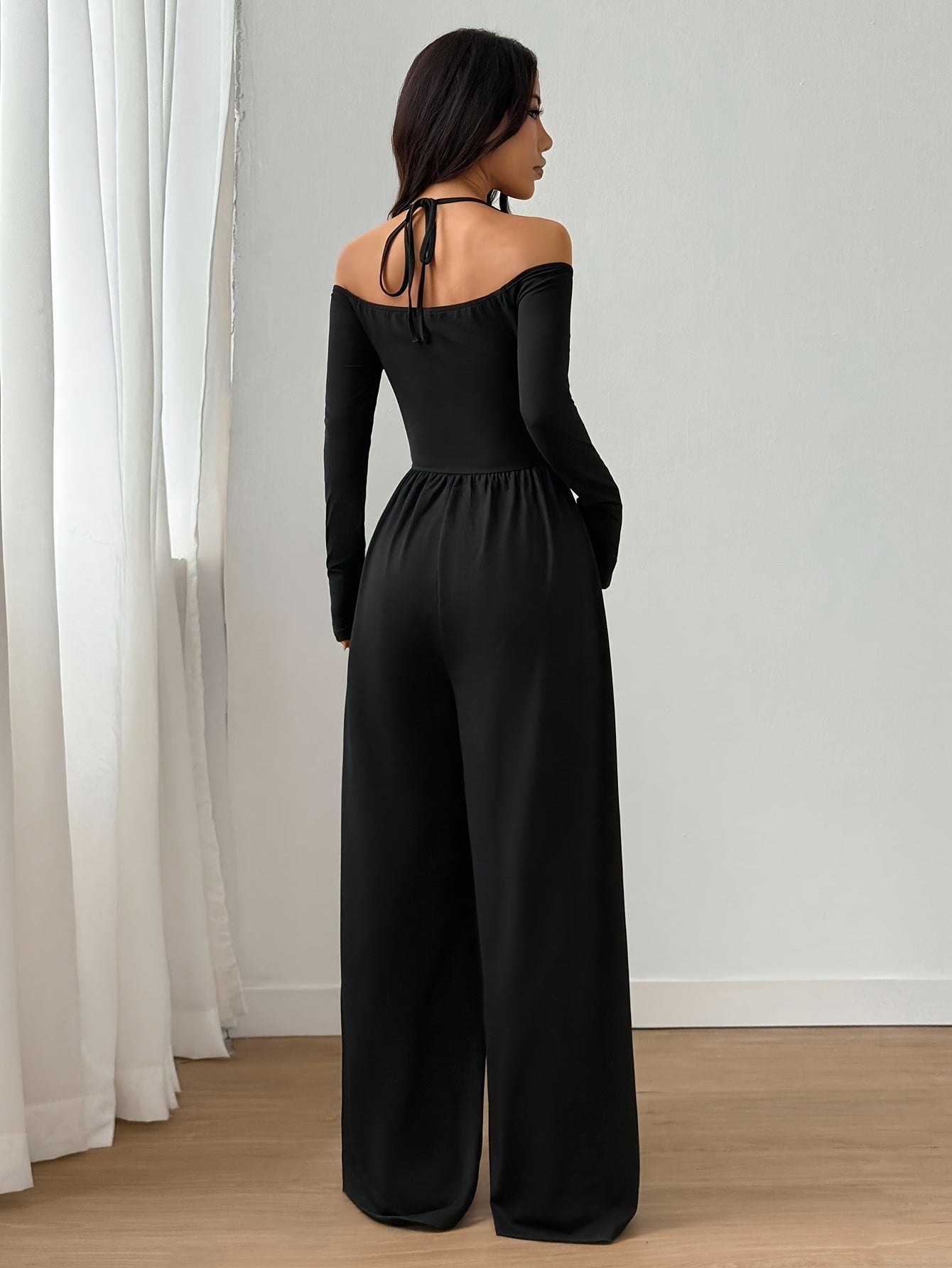 Off-Shoulder V-Neck Jumpsuit with Ruched Wide Legs
