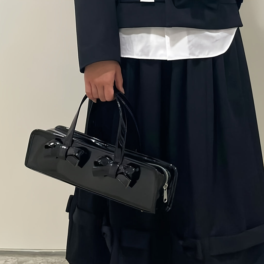 Glossy Bow-Adorned Handbag