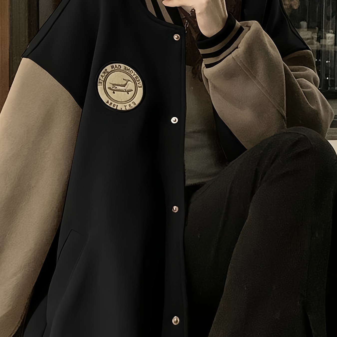 Women's Retro-Inspired Baseball Jacket - Casual, Thick & Loose Fit with Button Detail, Machine Washable