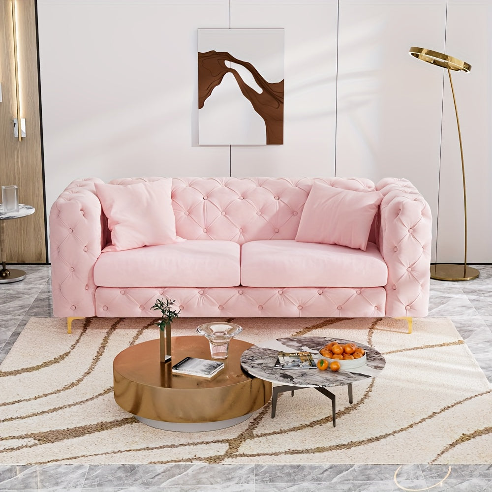 Mid-Century Modern Pink Velvet Tufted Button Sofa with Plush Cushions & Golden Metal Legs