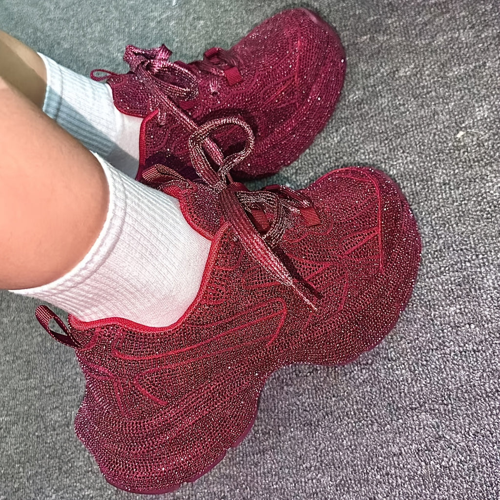 Shiny Rhinestone-Embellished Low-Top Lace-Up Shoes
