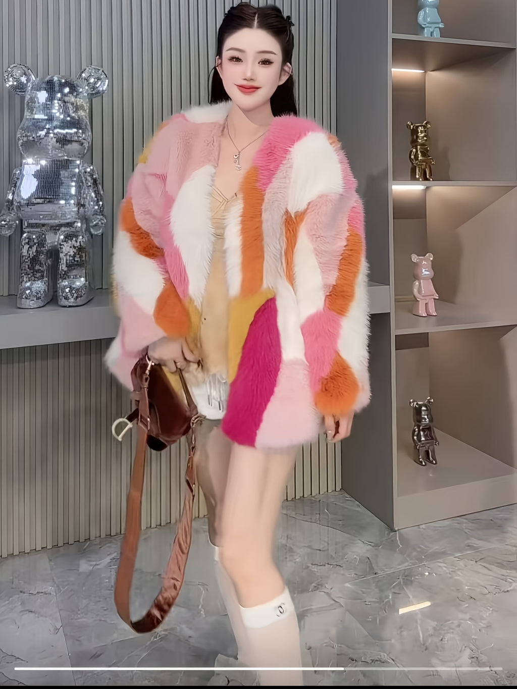 Rainbow Color Block Faux Fur Coat