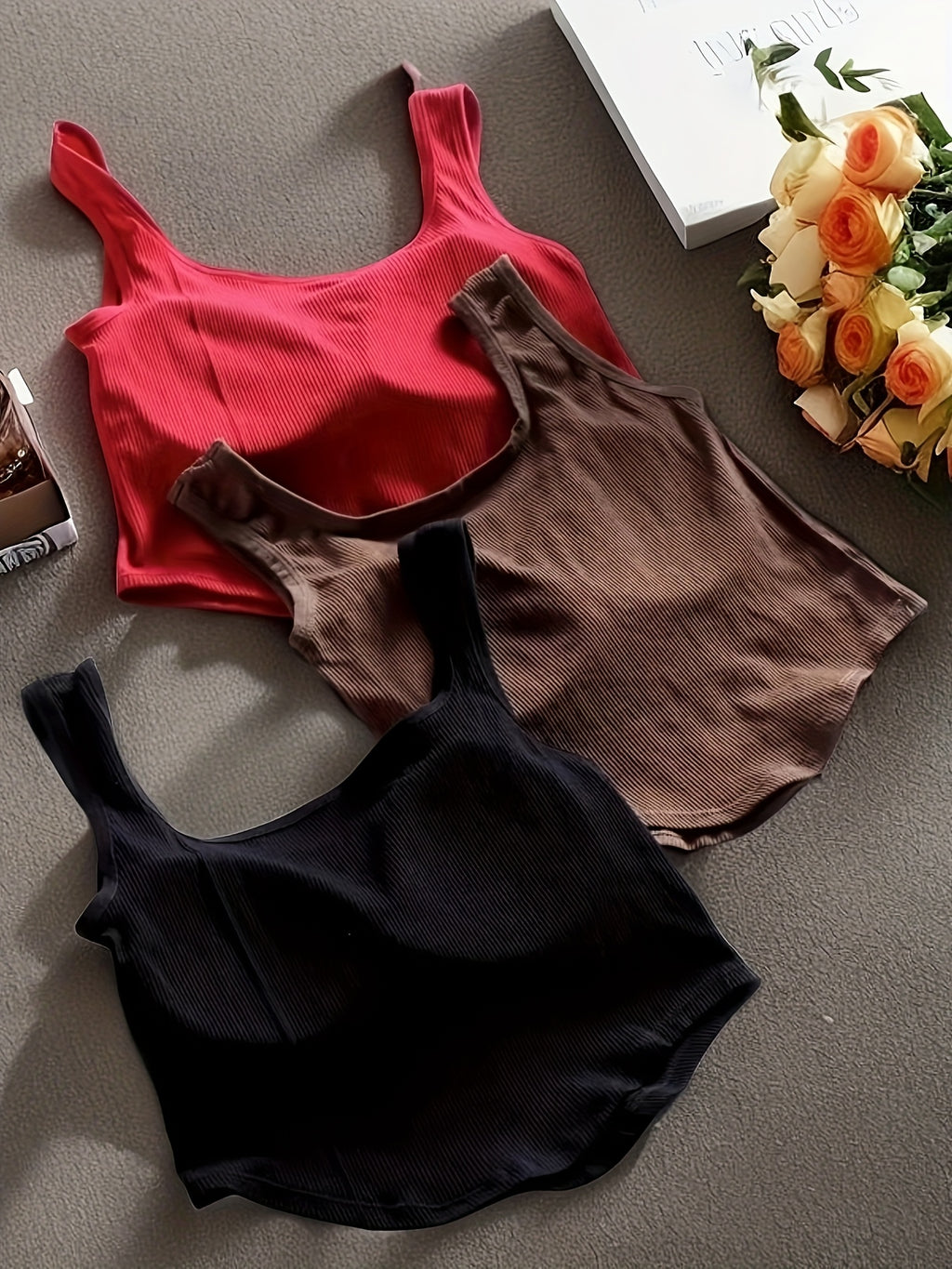 3pcs Casual Knit Fabric Sleeveless Tops with Built-In Non-removable Padding