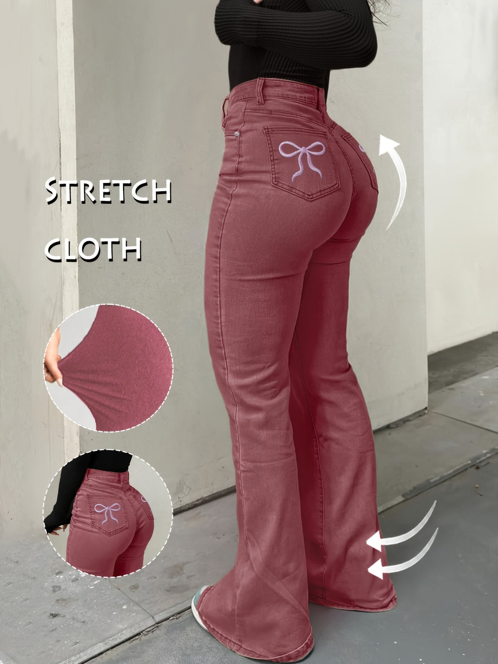 Women'S High-Waisted Stretch Denim Flare Jeans with Embroidered Bow Detail, Street Style Casual Pants, All-Season Comfort, Blue, High Waisted Jeans, Comfortable Fashion, Durable Fabric