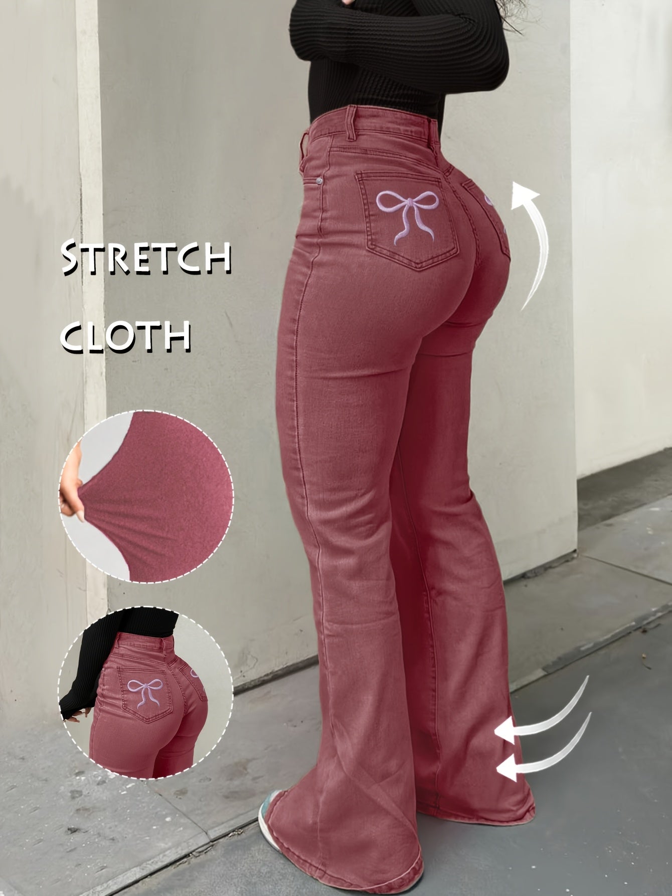 Women'S High-Waisted Stretch Denim Flare Jeans with Embroidered Bow Detail, Street Style Casual Pants, All-Season Comfort, Blue, High Waisted Jeans, Comfortable Fashion, Durable Fabric