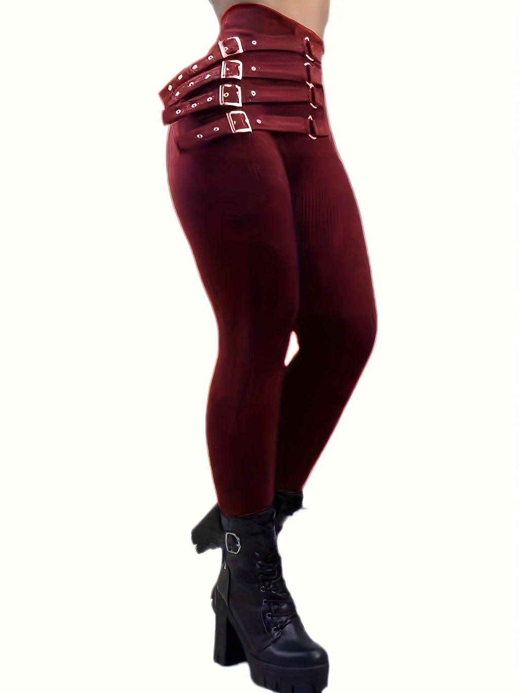 1pc Women'S Sexy Polyester Leggings with Fashion Belt, Solid Color Stretchy Knit Pants for All Seasons, Adult Fit