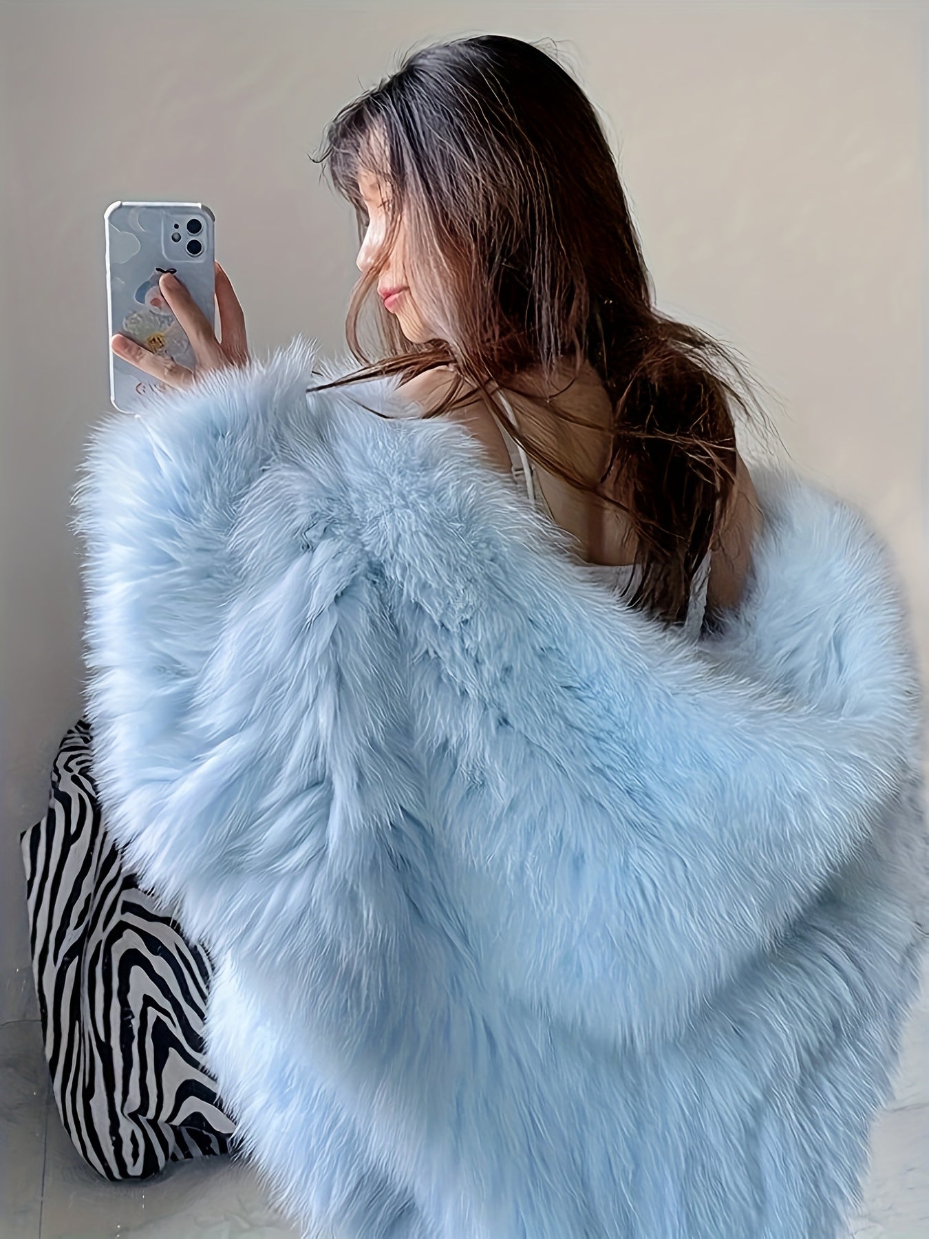Women's Faux Fur Hooded Jacket - Elegant Winter Coat with Hood, Soft Fuzzy Outerwear, Machine Washable Long Sleeve Blue Coat for Fall & Winter, Cozy Jacket for Parties,, or Casual Wear (No- Design)