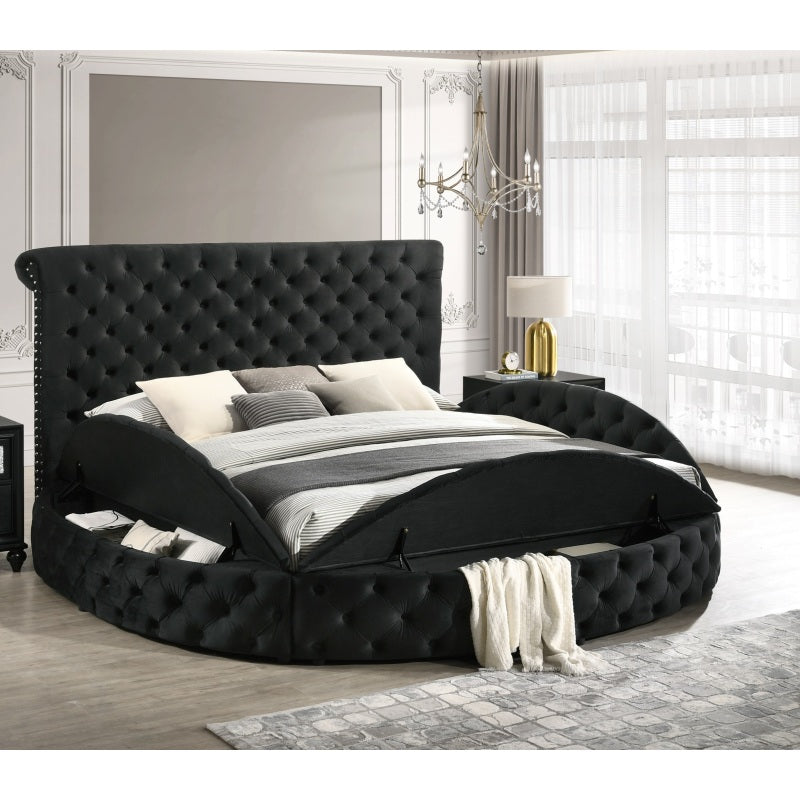 Queen Size Round Plush Black Veet Button-Tufted Storage Bed Frame