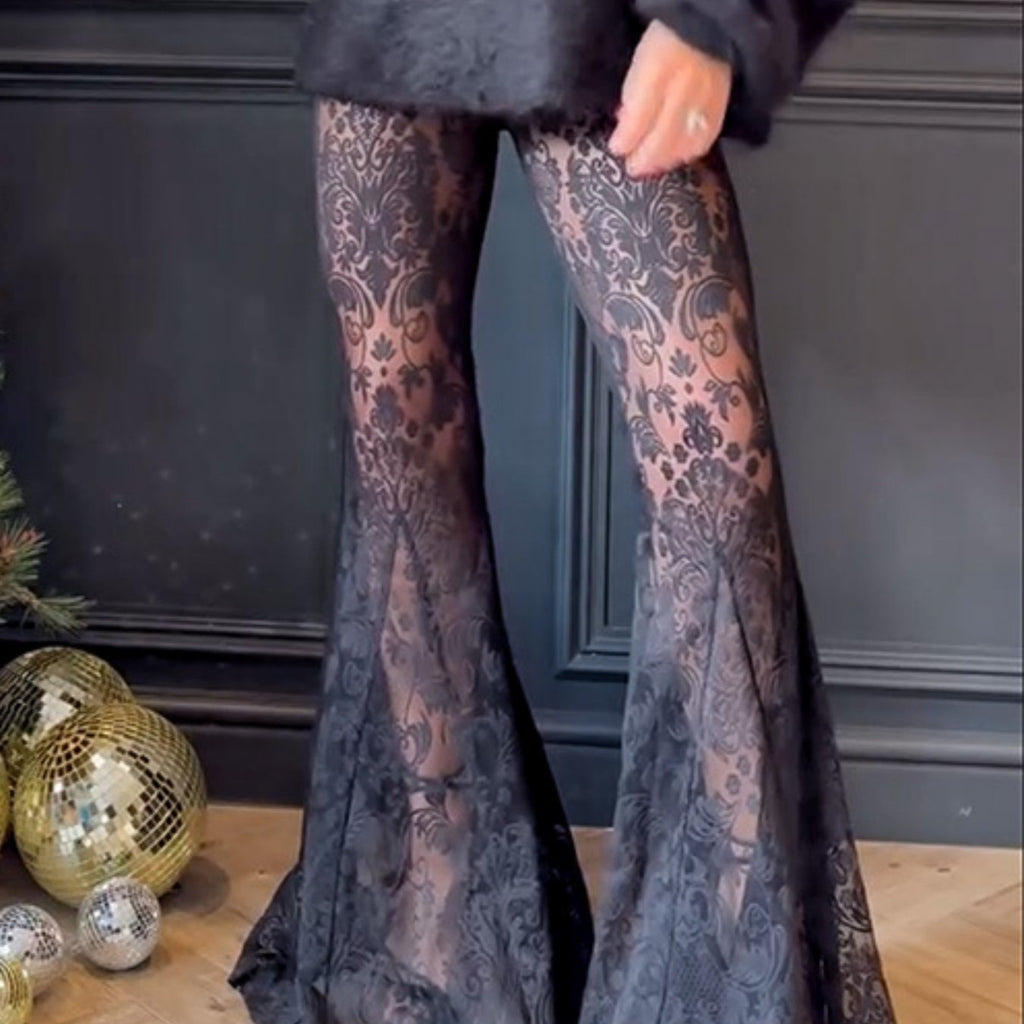 Women's Sexy Lace Pants - High-Waisted Flare Leg, Semi-Sheer Formal/Party/Everyday Trousers, Stretchy Non-See-Through Bottoms for Women, Autumn Outfit, Elegant Design, Comfortable Fit, Trendy Wardrobe