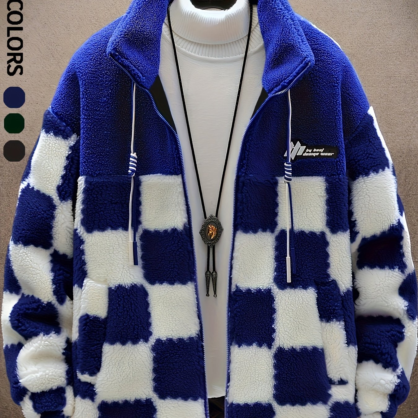 Blue & White Plush Checkered Winter Coat