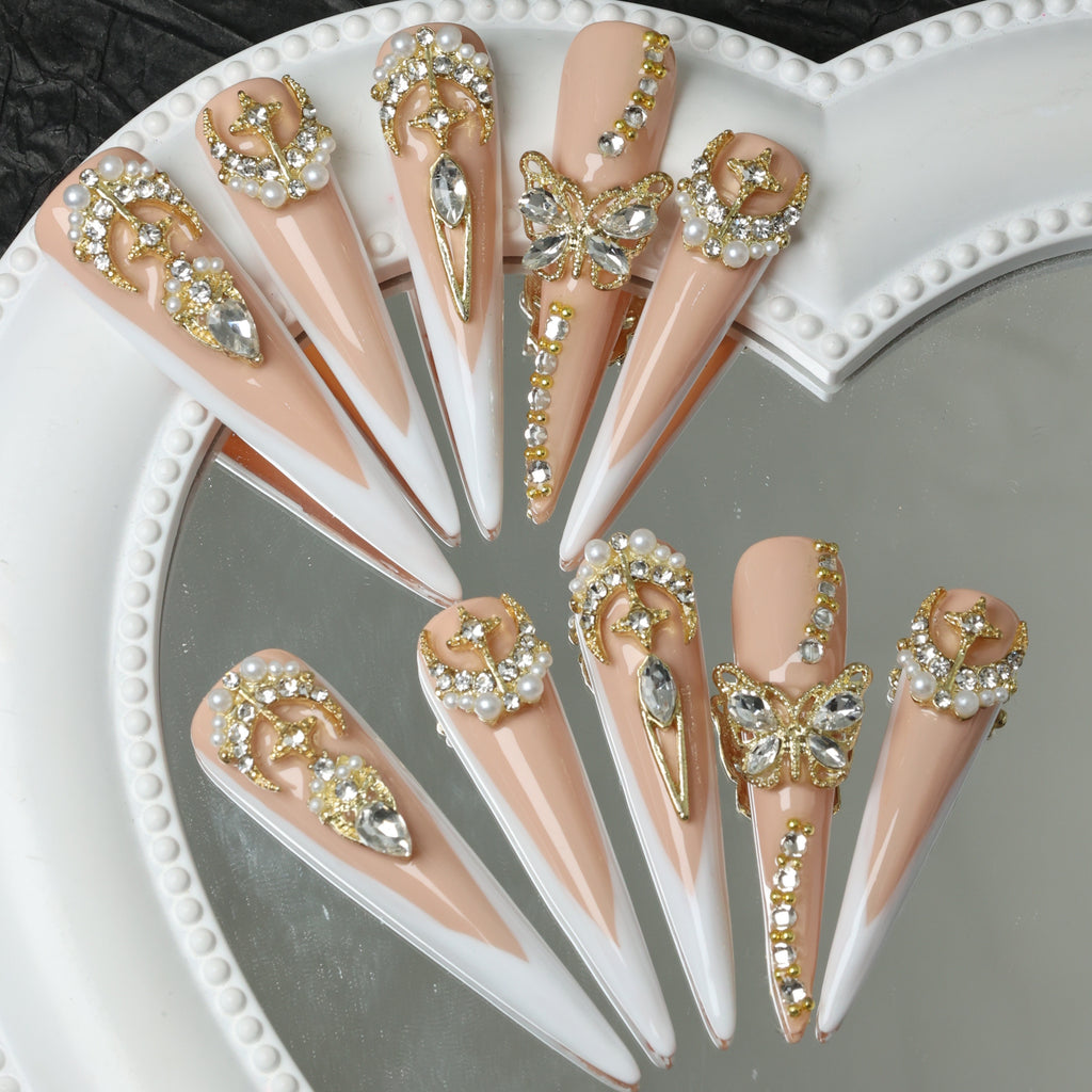 {10pcs} Handmade Extra Long French Press-On Nails with 3D Butterfly & Rhinestone Accents