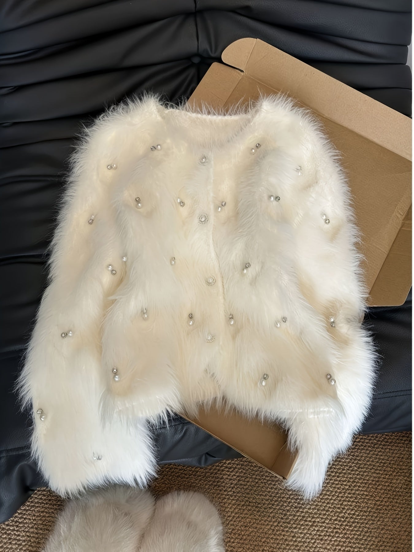 Pearl-Adorned White Sweater Jacket