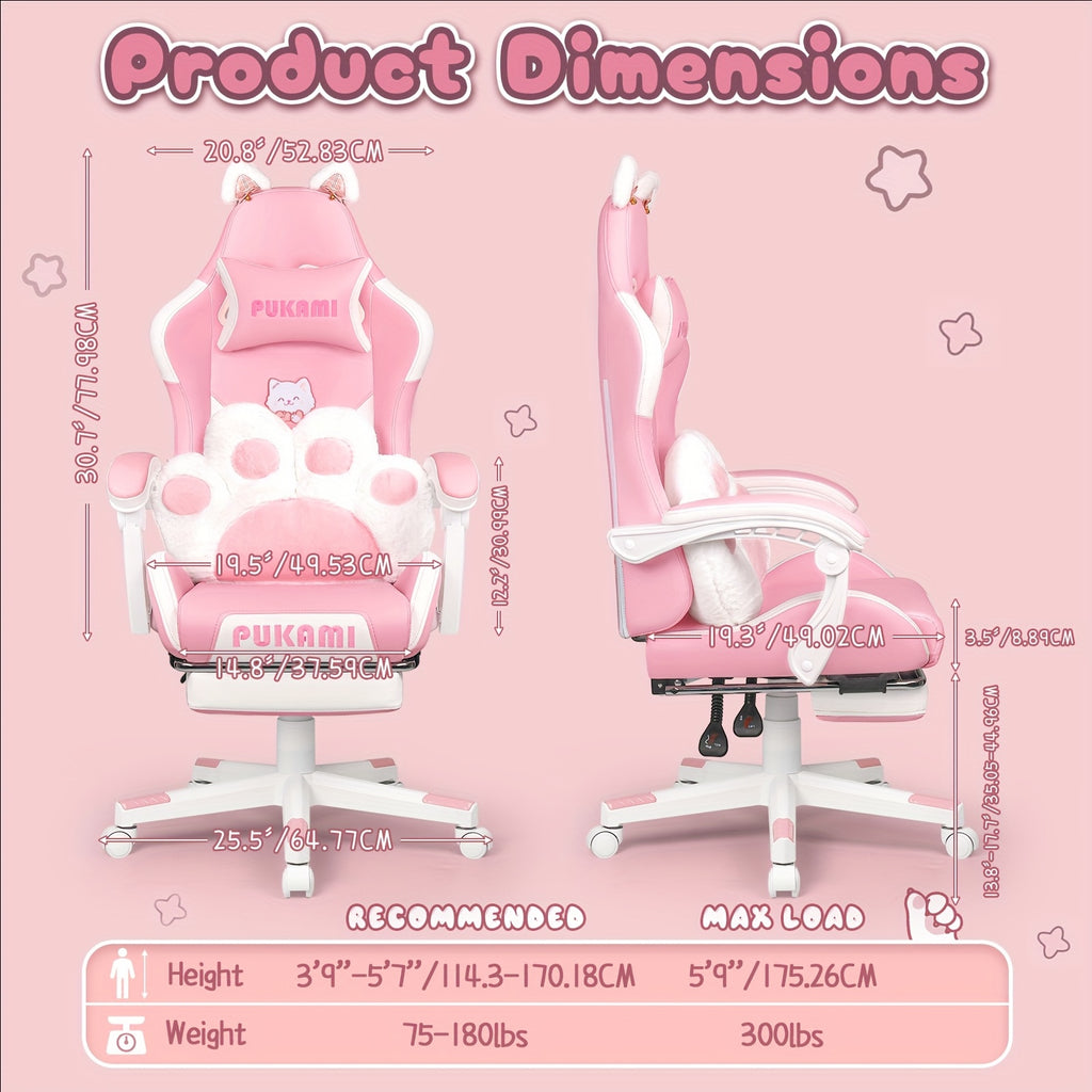 Pink Kawaii Cat Ear Gaming Chair with Paw Cushion