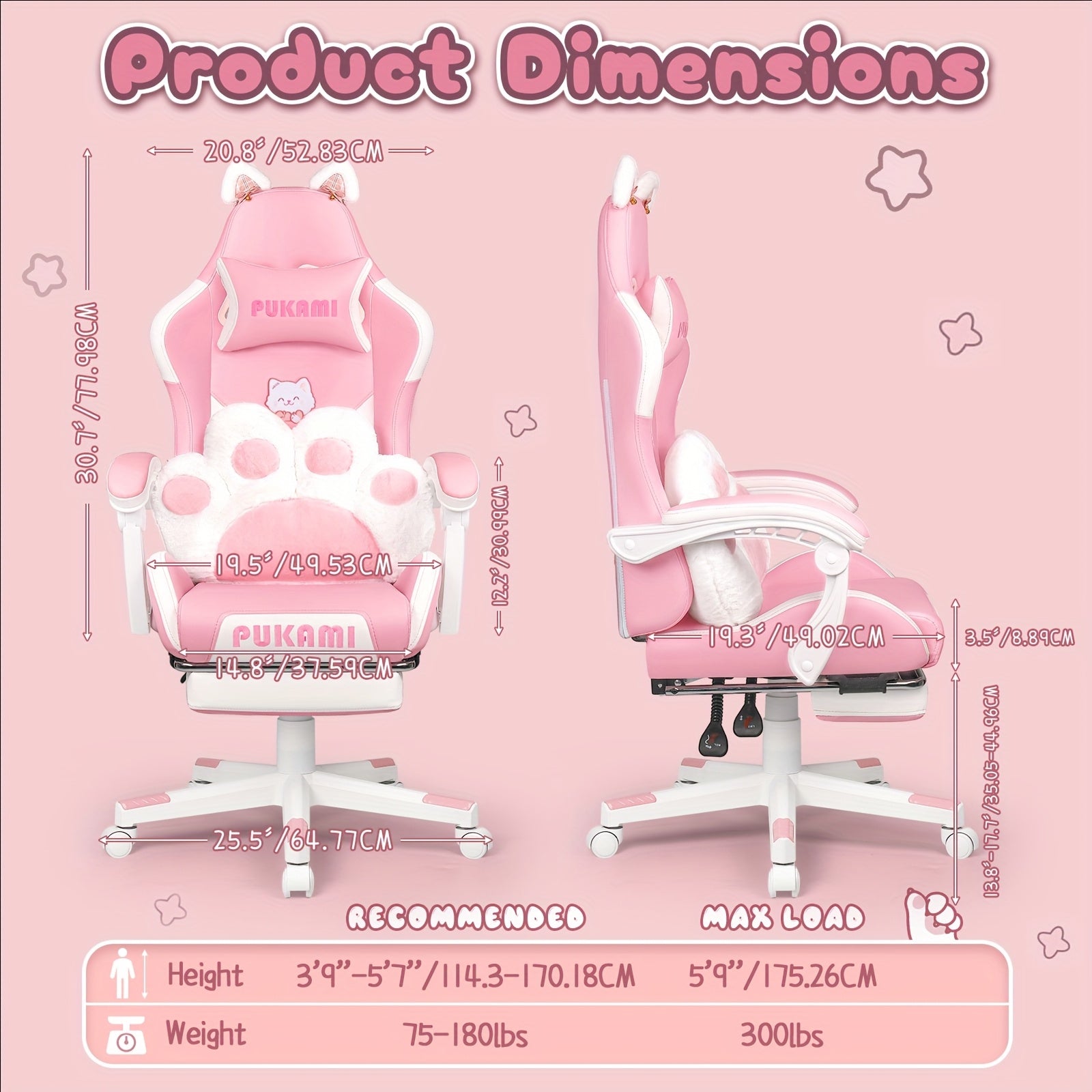 Pink Kawaii Cat Ear Gaming Chair with Paw Cushion