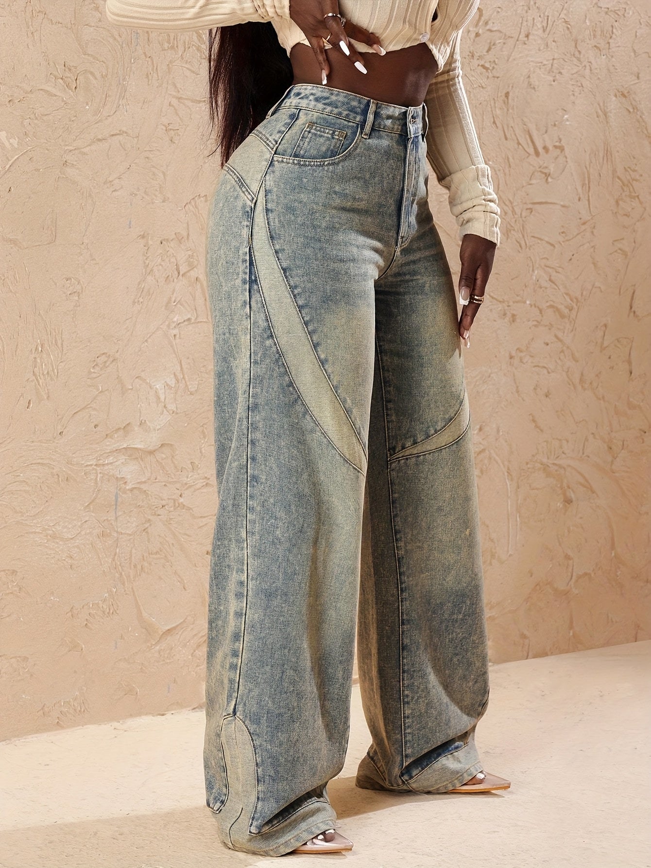 Washed Denim Wide-Leg Pants