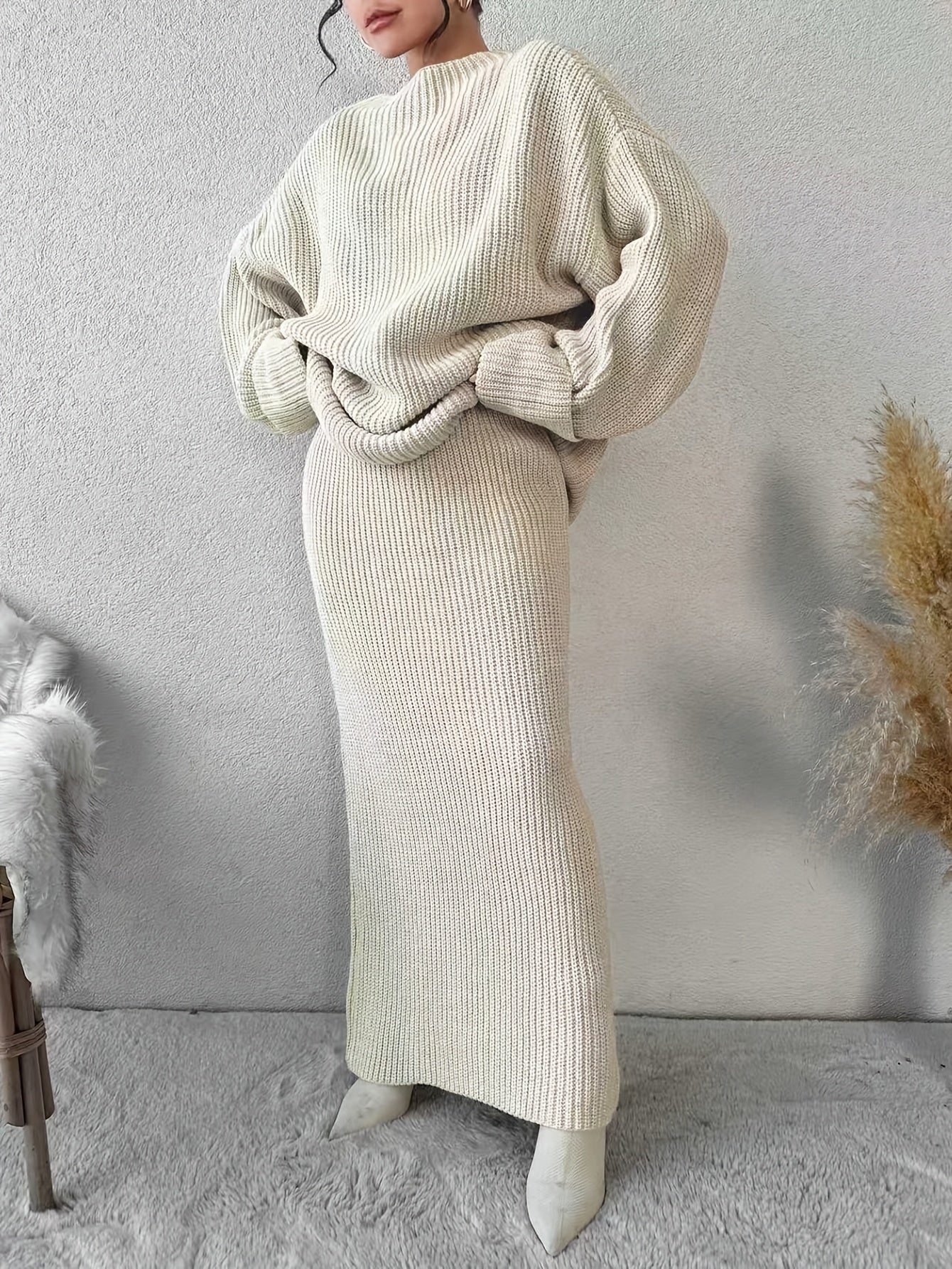 Drop Shoulder Ribbed Crew Neck Sweater Set and Maxi Dress